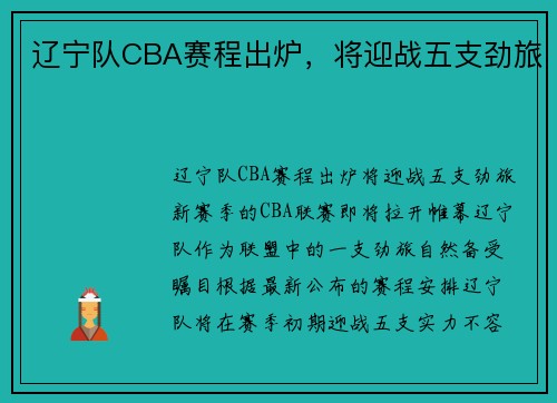 辽宁队CBA赛程出炉，将迎战五支劲旅
